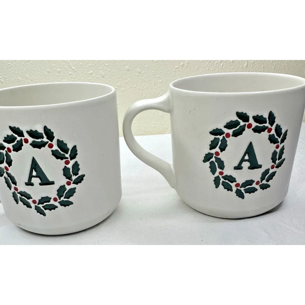 Pottery Barn Mug Christmas Initial A Wreath Set of 2 Ceramic